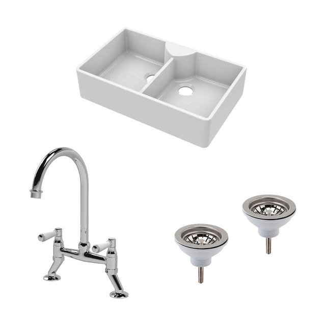[BKS215WT5] Traditional Fireclay Kitchen Bundle: Double Bowl Butler Sink, Wastes & Bridge Lever Tap, 895mm - Chrome - Cutout