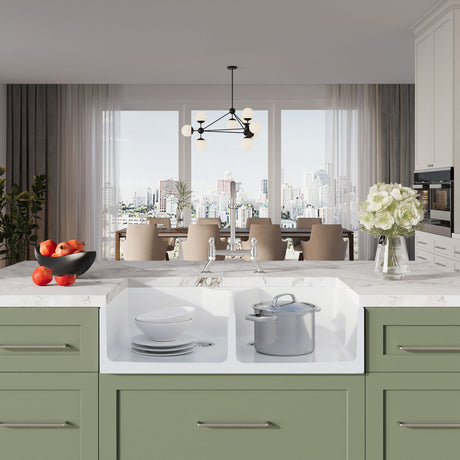 [BKS215WT5] Traditional Fireclay Kitchen Bundle: Double Bowl Butler Sink, Wastes & Bridge Lever Tap, 895mm - Chrome - Lifestyle 1