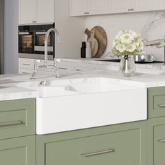[BKS215WT5] Traditional Fireclay Kitchen Bundle: Double Bowl Butler Sink, Wastes & Bridge Lever Tap, 895mm - Chrome - Lifestyle 3