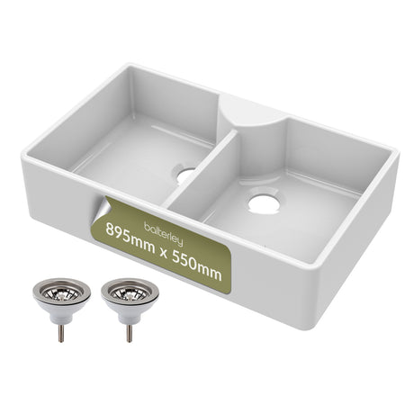 Double Bowl Fireclay Ceramic Butler Kitchen Sink with Stepped Weir, Tap Ledge & Wastes