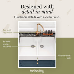 Traditional Double Bowl Fireclay Ceramic Butler Kitchen Sink with Stepped Weir & Tap Ledge and Chrome Basket Strainer Wastes - 895mm
