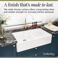 Traditional Double Bowl Fireclay Ceramic Butler Kitchen Sink with Stepped Weir & Tap Ledge and Chrome Basket Strainer Wastes - 895mm