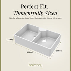 Traditional Double Bowl Fireclay Ceramic Butler Kitchen Sink with Stepped Weir & Tap Ledge and Chrome Basket Strainer Wastes - 895mm