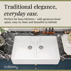 Traditional Double Bowl Fireclay Ceramic Butler Kitchen Sink with Stepped Weir & Tap Ledge and Chrome Basket Strainer Wastes - 895mm