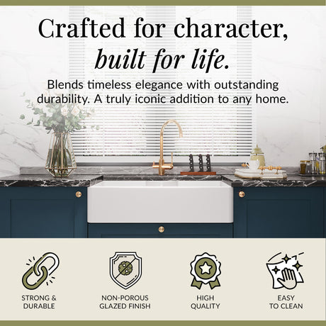 Double Bowl Fireclay Ceramic Butler Kitchen Sink with Stepped Weir, Tap Ledge & Wastes