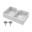 [BKS215W] Traditional Double Bowl Fireclay Ceramic Butler Kitchen Sink with Stepped Weir & Tap Ledge and Chrome Basket Strainer Wastes - 895mm - Cutout