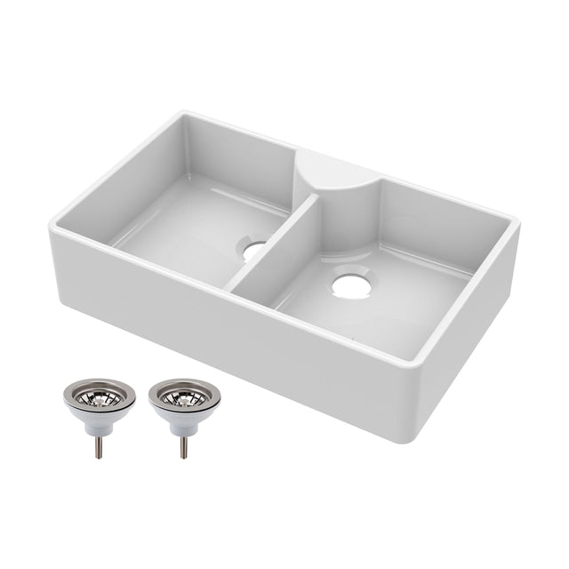 [BKS215W] Traditional Double Bowl Fireclay Ceramic Butler Kitchen Sink with Stepped Weir & Tap Ledge and Chrome Basket Strainer Wastes - 895mm - Cutout