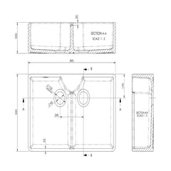[BKS215W] Traditional Double Bowl Fireclay Ceramic Butler Kitchen Sink with Stepped Weir & Tap Ledge and Chrome Basket Strainer Wastes - 895mm - Technical Drawing
