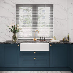 [BKS215W] Traditional Double Bowl Fireclay Ceramic Butler Kitchen Sink with Stepped Weir & Tap Ledge and Chrome Basket Strainer Wastes - 895mm - Lifestyle 1