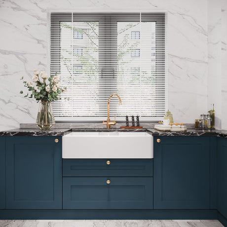 [BKS215W] Traditional Double Bowl Fireclay Ceramic Butler Kitchen Sink with Stepped Weir & Tap Ledge and Chrome Basket Strainer Wastes - 895mm - Lifestyle 1