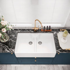 [BKS215W] Traditional Double Bowl Fireclay Ceramic Butler Kitchen Sink with Stepped Weir & Tap Ledge and Chrome Basket Strainer Wastes - 895mm - Lifestyle 2