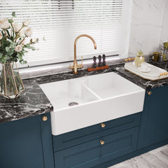 [BKS215W] Traditional Double Bowl Fireclay Ceramic Butler Kitchen Sink with Stepped Weir & Tap Ledge and Chrome Basket Strainer Wastes - 895mm - Lifestyle 3