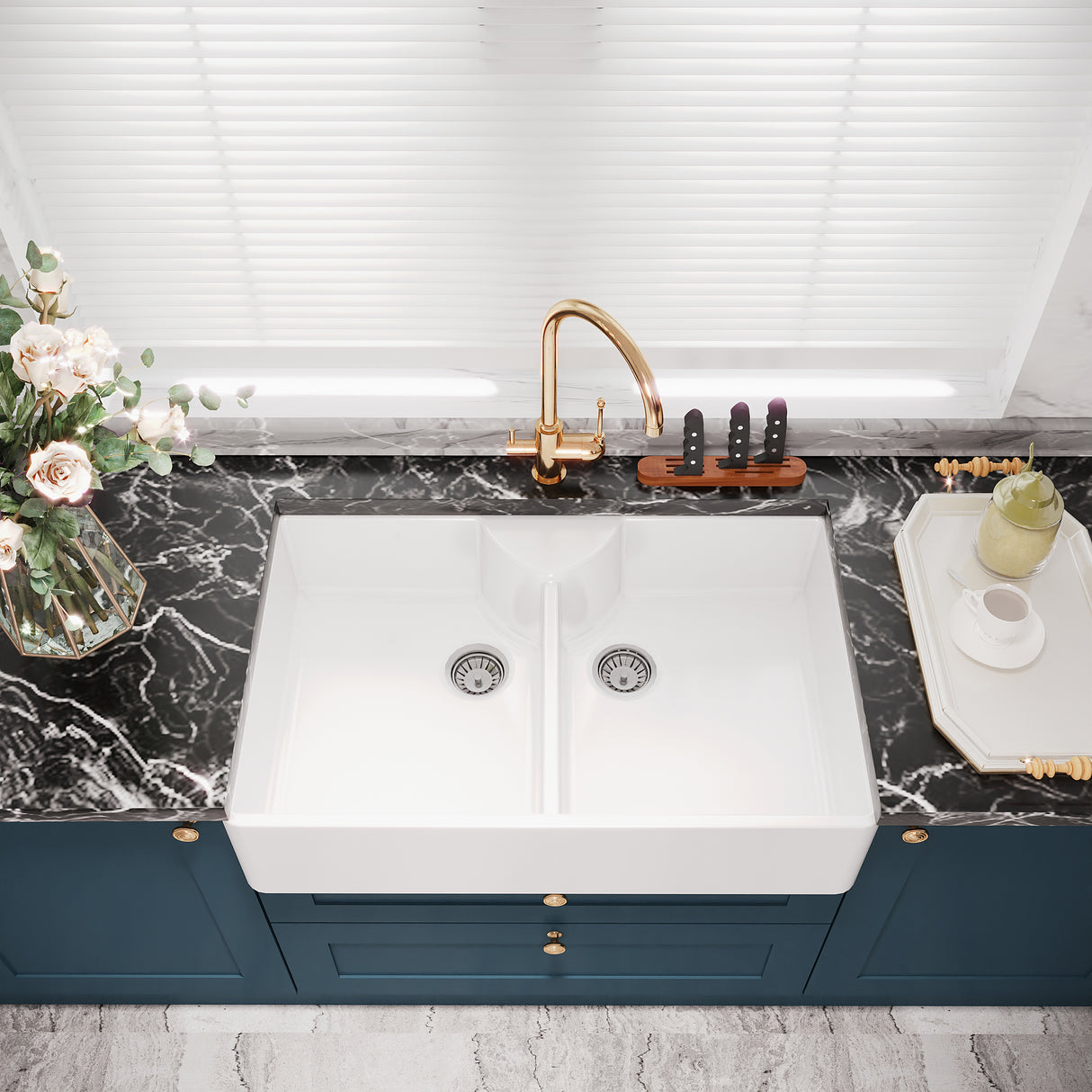 Double Bowl Fireclay Ceramic Stepped Weir Butler Kitchen Sink with Tap Ledge, Tap Hole &  No Overflow