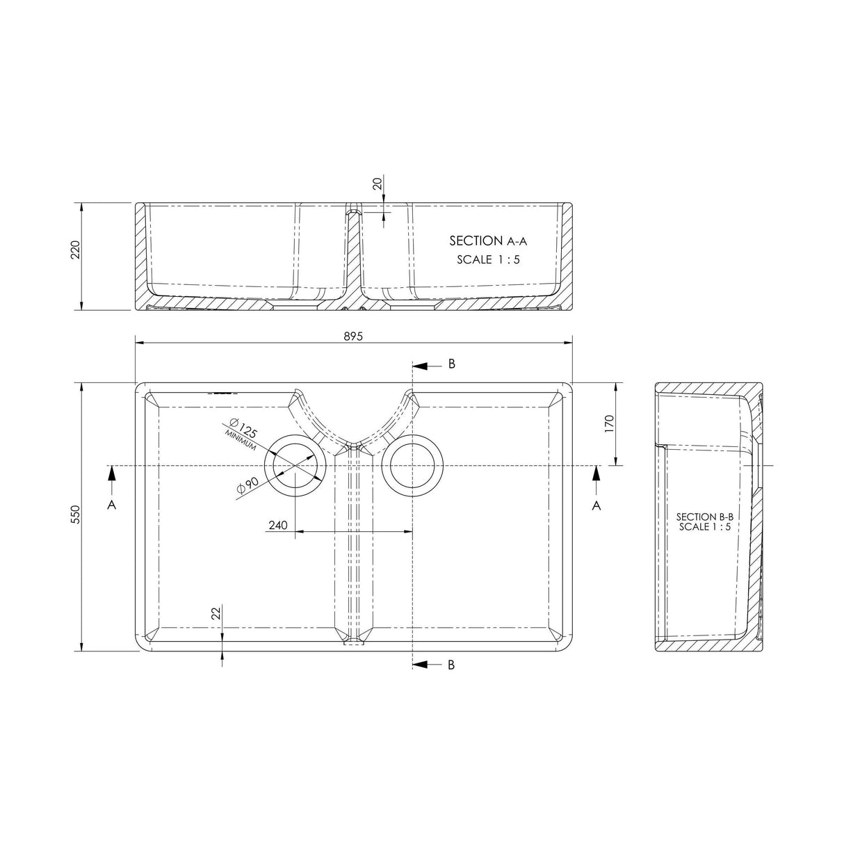 [BKS215] Double Bowl Fireclay Ceramic Stepped Weir Butler Kitchen Sink - Multiple Styles Available - Technical Drawing