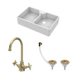 [BKS216WT11] Traditional Fireclay Kitchen Bundle: Double Bowl Stepped Weir Butler Sink, Wastes & Mono Crosshead Tap, 895mm - Brushed Brass - Cutout