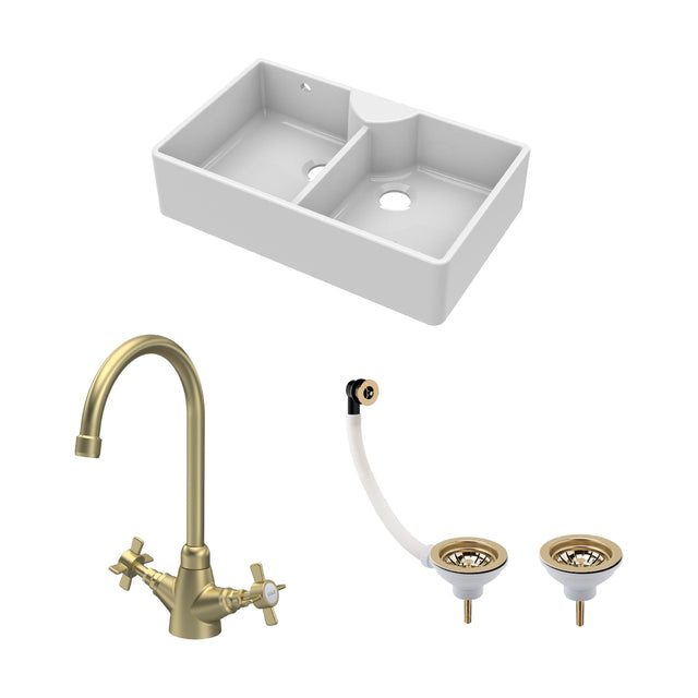 [BKS216WT11] Traditional Fireclay Kitchen Bundle: Double Bowl Stepped Weir Butler Sink, Wastes & Mono Crosshead Tap, 895mm - Brushed Brass - Cutout
