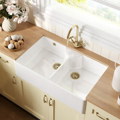 [BKS216WT11] Traditional Fireclay Kitchen Bundle: Double Bowl Stepped Weir Butler Sink, Wastes & Mono Crosshead Tap, 895mm - Brushed Brass - Lifestyle 2