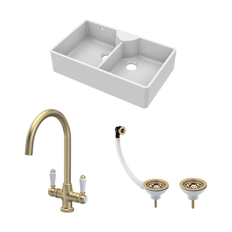 [BKS216WT12] Traditional Fireclay Kitchen Bundle: Double Bowl Stepped Weir Butler Sink with Wastes & Mono Lever Tap, 895mm - Brushed Brass - Cutout