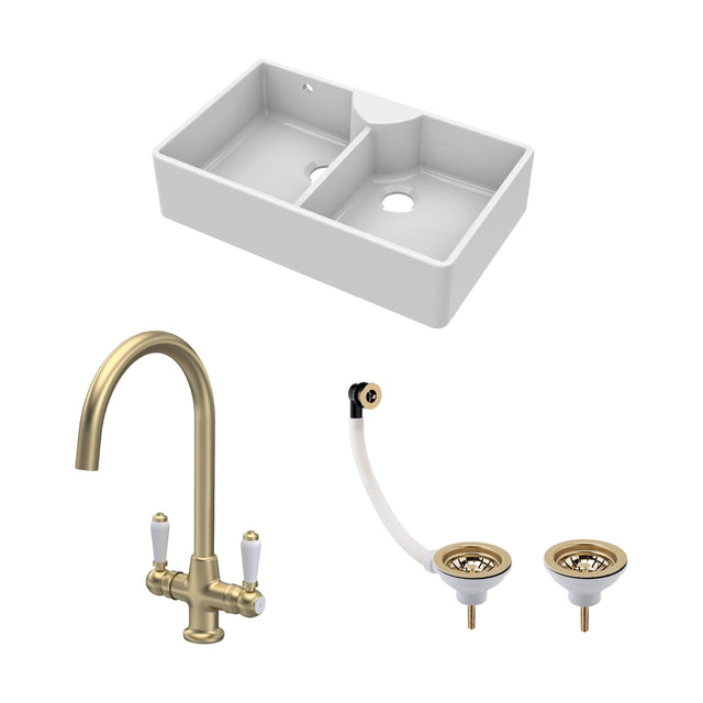 [BKS216WT12] Traditional Fireclay Kitchen Bundle: Double Bowl Stepped Weir Butler Sink with Wastes & Mono Lever Tap, 895mm - Brushed Brass - Cutout