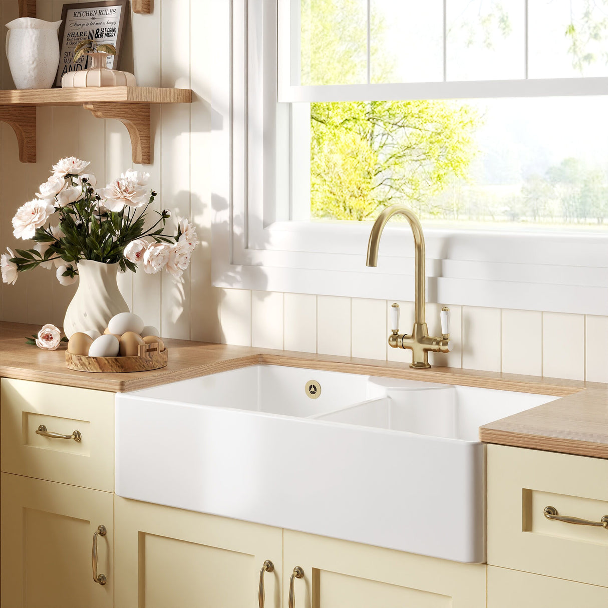 [BKS216WT12] Traditional Fireclay Kitchen Bundle: Double Bowl Stepped Weir Butler Sink with Wastes & Mono Lever Tap, 895mm - Brushed Brass - Lifestyle 3
