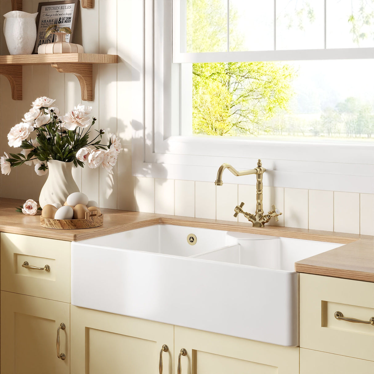 [BKS216WT13] Traditional Fireclay Kitchen Bundle: Double Bowl Stepped Weir Butler Sink, Wastes & French Classic Tap, 895mm - Brushed Brass - Lifestyle 3