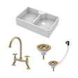 [BKS216WT14] Traditional Fireclay Kitchen Bundle: Double Bowl Stepped Weir Butler Sink, Wastes & Bridge Crosshead Tap, 895mm - Brushed Brass - Cutout