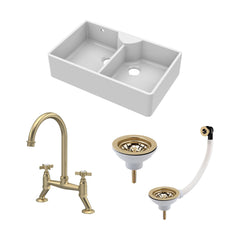 [BKS216WT14] Traditional Fireclay Kitchen Bundle: Double Bowl Stepped Weir Butler Sink, Wastes & Bridge Crosshead Tap, 895mm - Brushed Brass - Cutout
