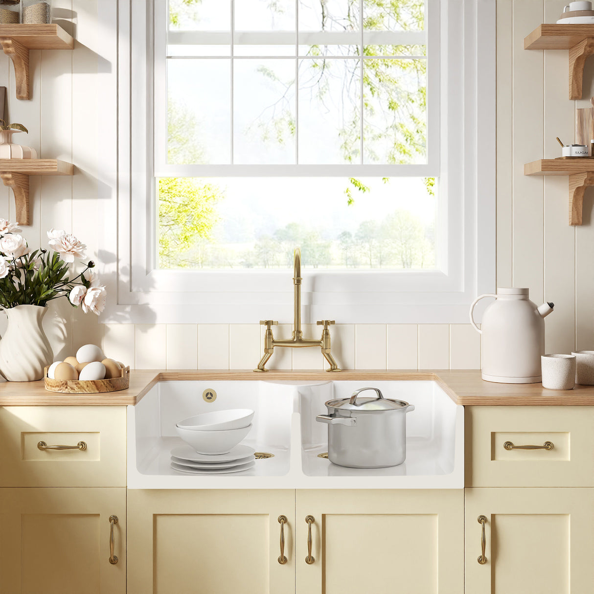 [BKS216WT14] Traditional Fireclay Kitchen Bundle: Double Bowl Stepped Weir Butler Sink, Wastes & Bridge Crosshead Tap, 895mm - Brushed Brass - Lifestyle 1