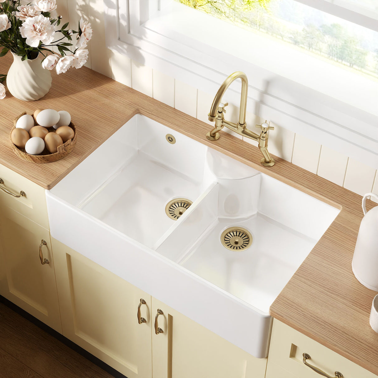 [BKS216WT14] Traditional Fireclay Kitchen Bundle: Double Bowl Stepped Weir Butler Sink, Wastes & Bridge Crosshead Tap, 895mm - Brushed Brass - Lifestyle 2