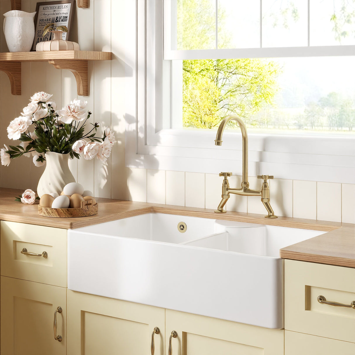 [BKS216WT14] Traditional Fireclay Kitchen Bundle: Double Bowl Stepped Weir Butler Sink, Wastes & Bridge Crosshead Tap, 895mm - Brushed Brass - Lifestyle 3