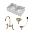 [BKS216WT15] Traditional Fireclay Kitchen Sink Bundle: Double Bowl Stepped Weir Butler with Wastes & Bridge Lever Tap, 895mm - Brushed Brass - Cutout