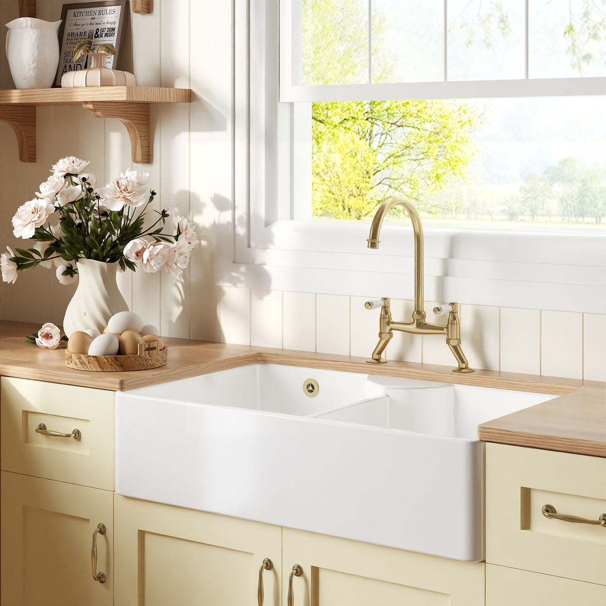 [BKS216WT15] Traditional Fireclay Kitchen Sink Bundle: Double Bowl Stepped Weir Butler with Wastes & Bridge Lever Tap, 895mm - Brushed Brass - Lifestyle 3