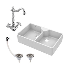 [BKS216WT4] Double Bowl Fireclay Ceramic Butler Kitchen Sink Bundle with Stepped Weir, Classic Tap & Wastes - Cutout