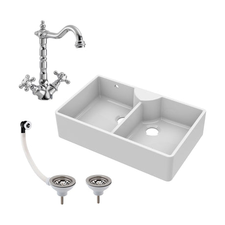 [BKS216WT4] Double Bowl Fireclay Ceramic Butler Kitchen Sink Bundle with Stepped Weir, Classic Tap & Wastes - Cutout