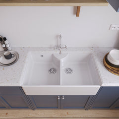 [BKS216WT4] Double Bowl Fireclay Ceramic Butler Kitchen Sink Bundle with Stepped Weir, Classic Tap & Wastes - Lifestyle 2