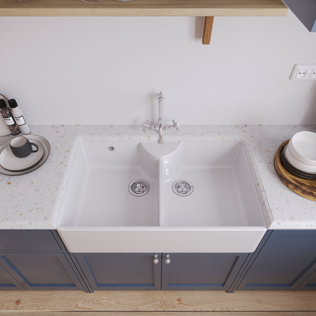 Double Bowl Fireclay Ceramic Butler Kitchen Sink Bundle with Stepped Weir, Classic Tap & Wastes