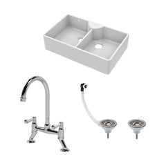 [BKS216WT5] Traditional Fireclay Kitchen Bundle: Double Bowl Stepped Weir Butler Sink, Wastes & Bridge Lever Tap, 895mm - Chrome - Cutout
