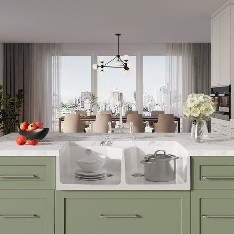 [BKS216WT5] Traditional Fireclay Kitchen Bundle: Double Bowl Stepped Weir Butler Sink, Wastes & Bridge Lever Tap, 895mm - Chrome - Lifestyle 1