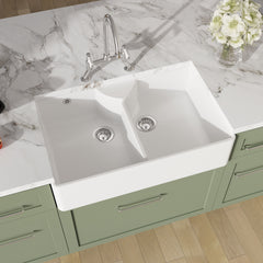 [BKS216WT5] Traditional Fireclay Kitchen Bundle: Double Bowl Stepped Weir Butler Sink, Wastes & Bridge Lever Tap, 895mm - Chrome - Lifestyle 2