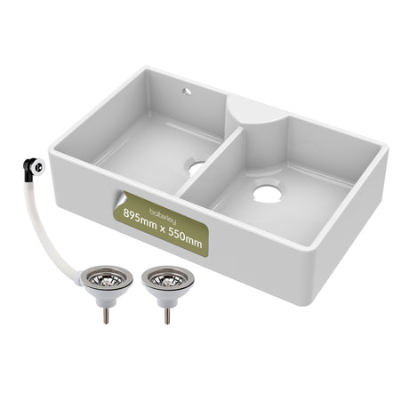 Double Bowl Fireclay Butler Kitchen Sink with Stepped Weir, Overflow, ledge & Wastes