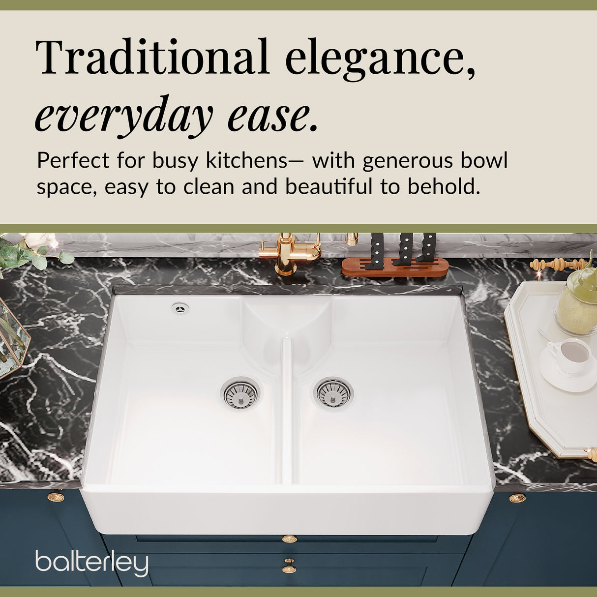Double Bowl Fireclay Butler Kitchen Sink with Stepped Weir, Overflow, ledge & Wastes