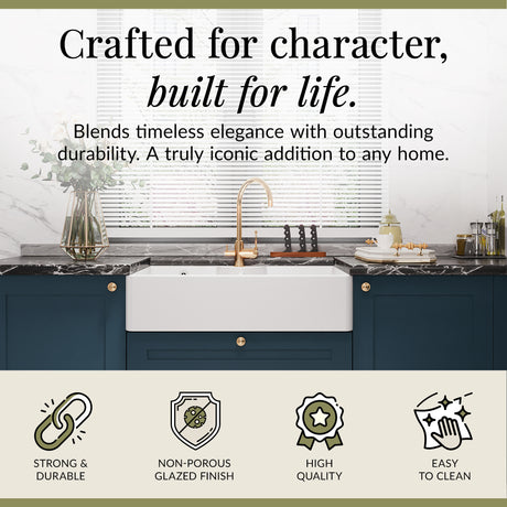 Double Bowl Fireclay Butler Kitchen Sink with Stepped Weir, Overflow, ledge & Wastes