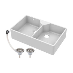 [BKS216W] Traditional Double Bowl Fireclay Ceramic Butler Kitchen Sink with Stepped Weir, Tap Ledge & Overflow and Chrome Basket Strainer Wastes - 895mm - Cutout