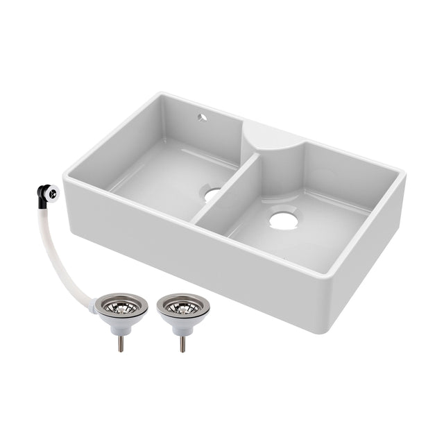 [BKS216W] Traditional Double Bowl Fireclay Ceramic Butler Kitchen Sink with Stepped Weir, Tap Ledge & Overflow and Chrome Basket Strainer Wastes - 895mm - Cutout