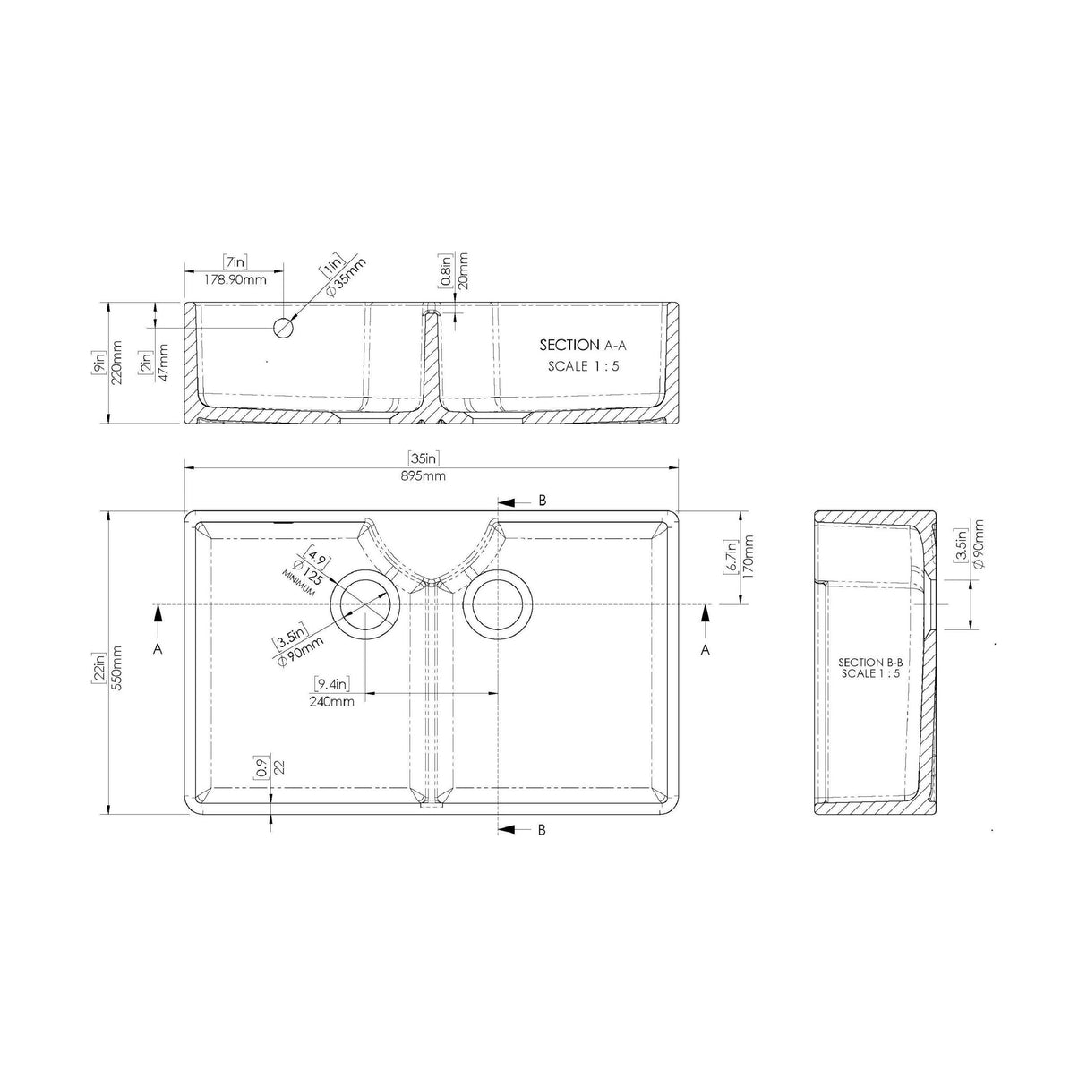[BKS216W] Traditional Double Bowl Fireclay Ceramic Butler Kitchen Sink with Stepped Weir, Tap Ledge & Overflow and Chrome Basket Strainer Wastes - 895mm - Technical Drawing
