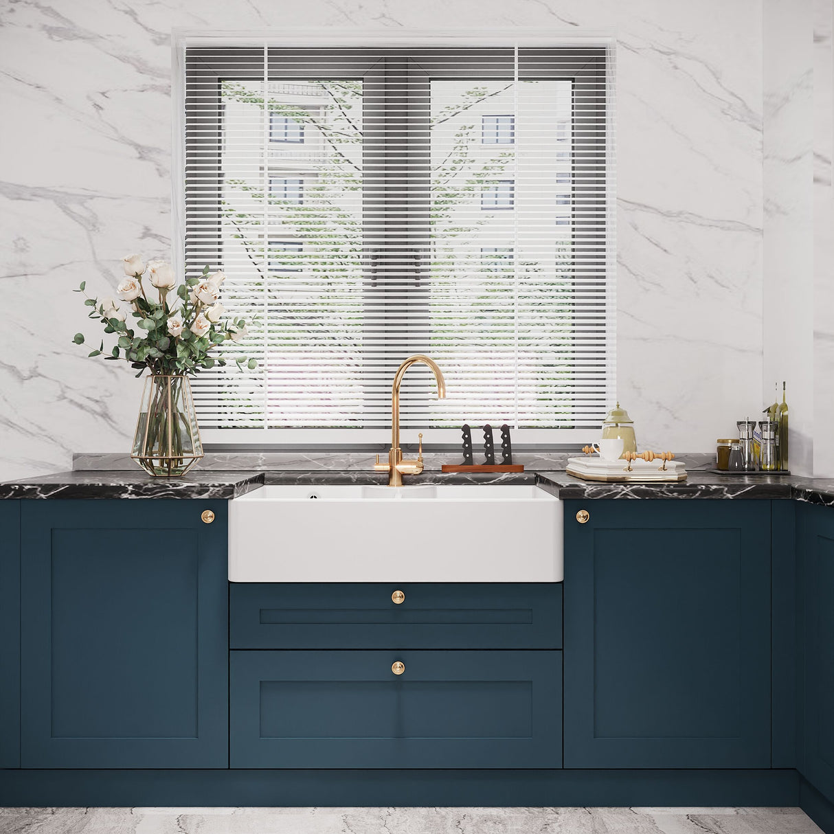 [BKS216W] Traditional Double Bowl Fireclay Ceramic Butler Kitchen Sink with Stepped Weir, Tap Ledge & Overflow and Chrome Basket Strainer Wastes - 895mm - Lifestyle 1