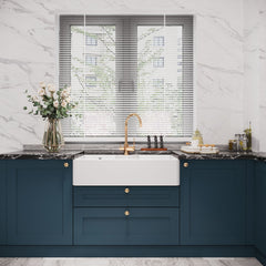 [BKS216W] Traditional Double Bowl Fireclay Ceramic Butler Kitchen Sink with Stepped Weir, Tap Ledge & Overflow and Chrome Basket Strainer Wastes - 895mm - Lifestyle 1