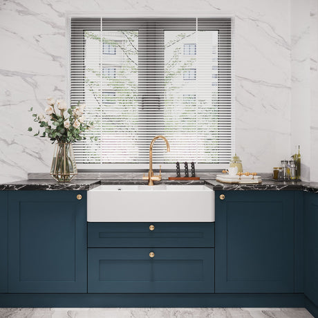 [BKS216W] Traditional Double Bowl Fireclay Ceramic Butler Kitchen Sink with Stepped Weir, Tap Ledge & Overflow and Chrome Basket Strainer Wastes - 895mm - Lifestyle 1