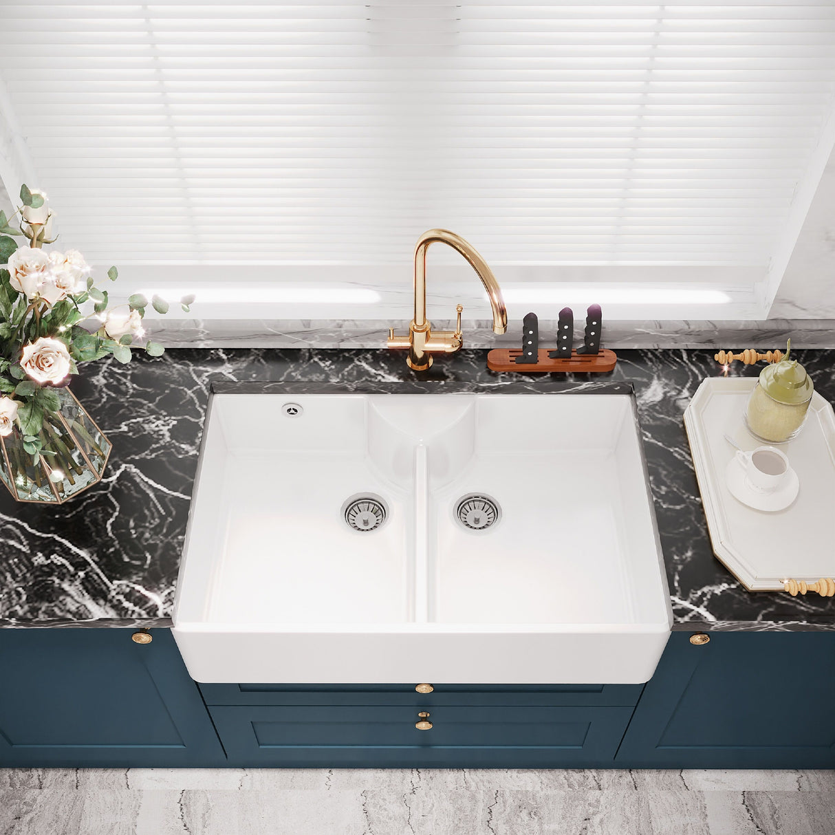 [BKS216W] Traditional Double Bowl Fireclay Ceramic Butler Kitchen Sink with Stepped Weir, Tap Ledge & Overflow and Chrome Basket Strainer Wastes - 895mm - Lifestyle 2