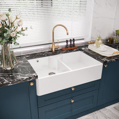 [BKS216W] Traditional Double Bowl Fireclay Ceramic Butler Kitchen Sink with Stepped Weir, Tap Ledge & Overflow and Chrome Basket Strainer Wastes - 895mm - Lifestyle 3